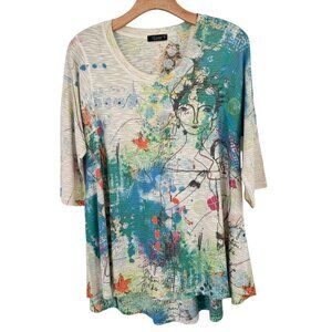 Inoah Women's size Medium Tunic Top art to wear 1/2 sleeve knit rayon blend